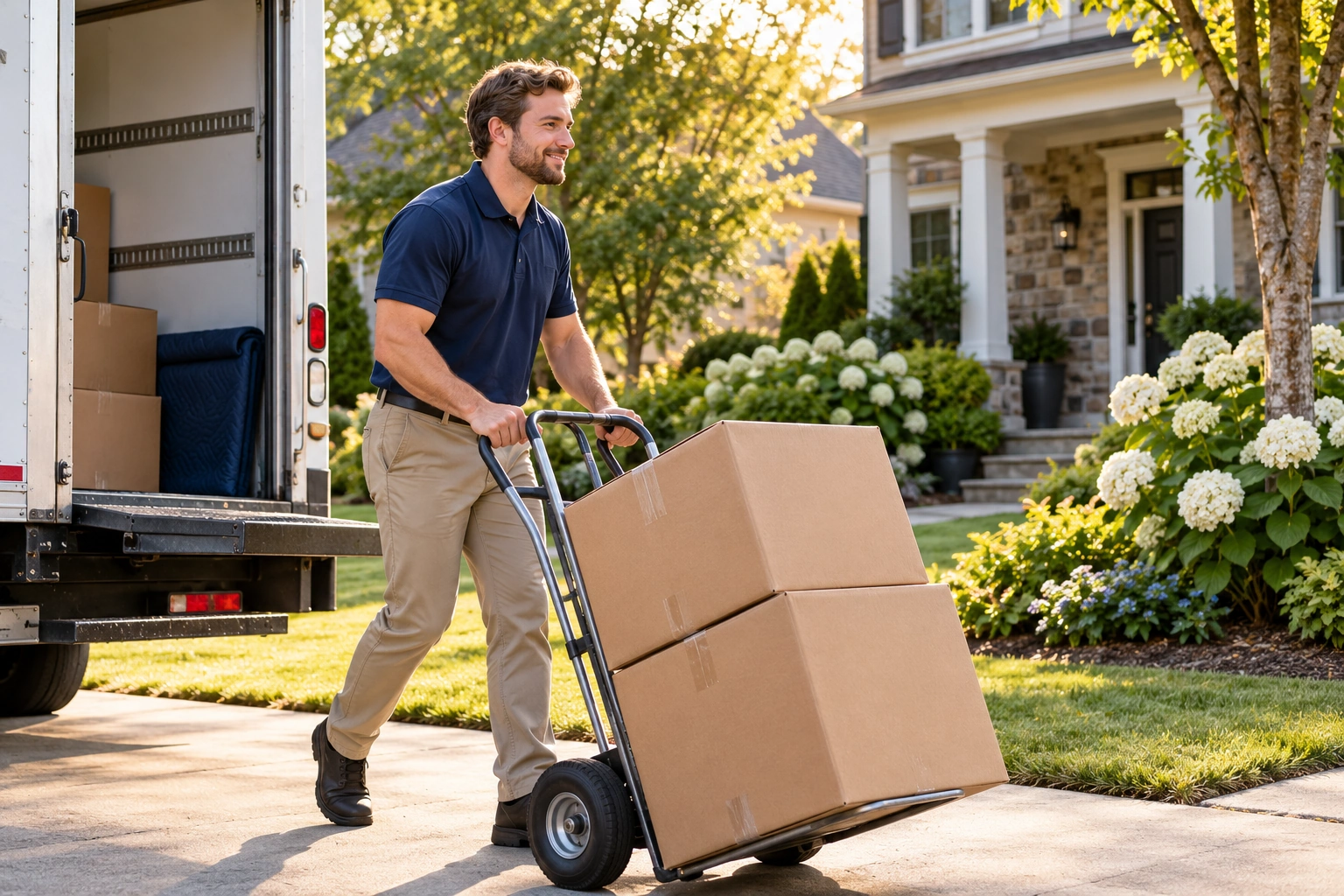 Reliable Moving Services Professional mover carrying boxes on a hand truck beside a moving truck at a leafy Tennessee home