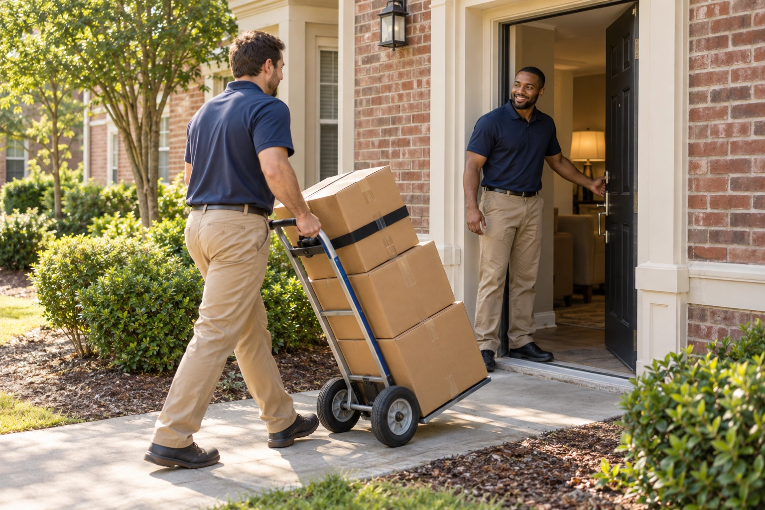 Movers delivering securely stacked boxes at a Tennessee apartment building