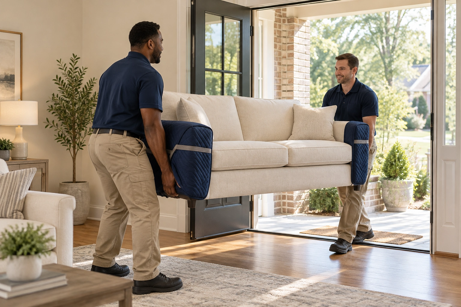Professional movers protecting a sofa while moving furniture from a Tennessee home