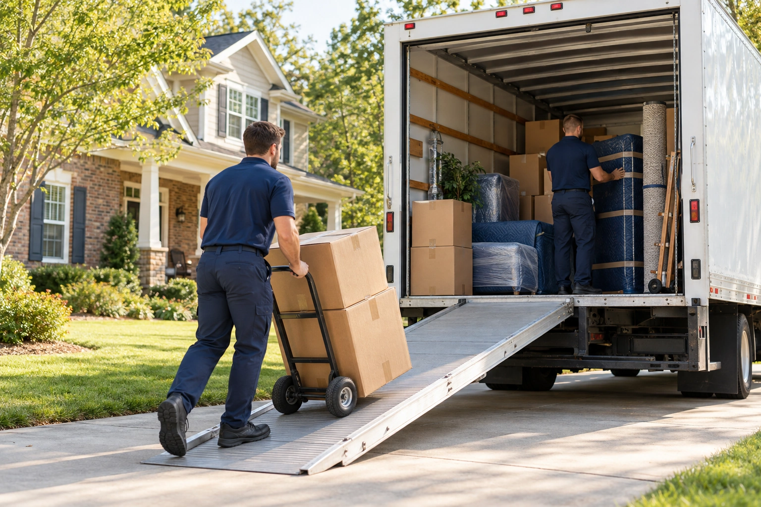 Movers loading carefully packed belongings into a moving truck beside a Middle Tennessee home