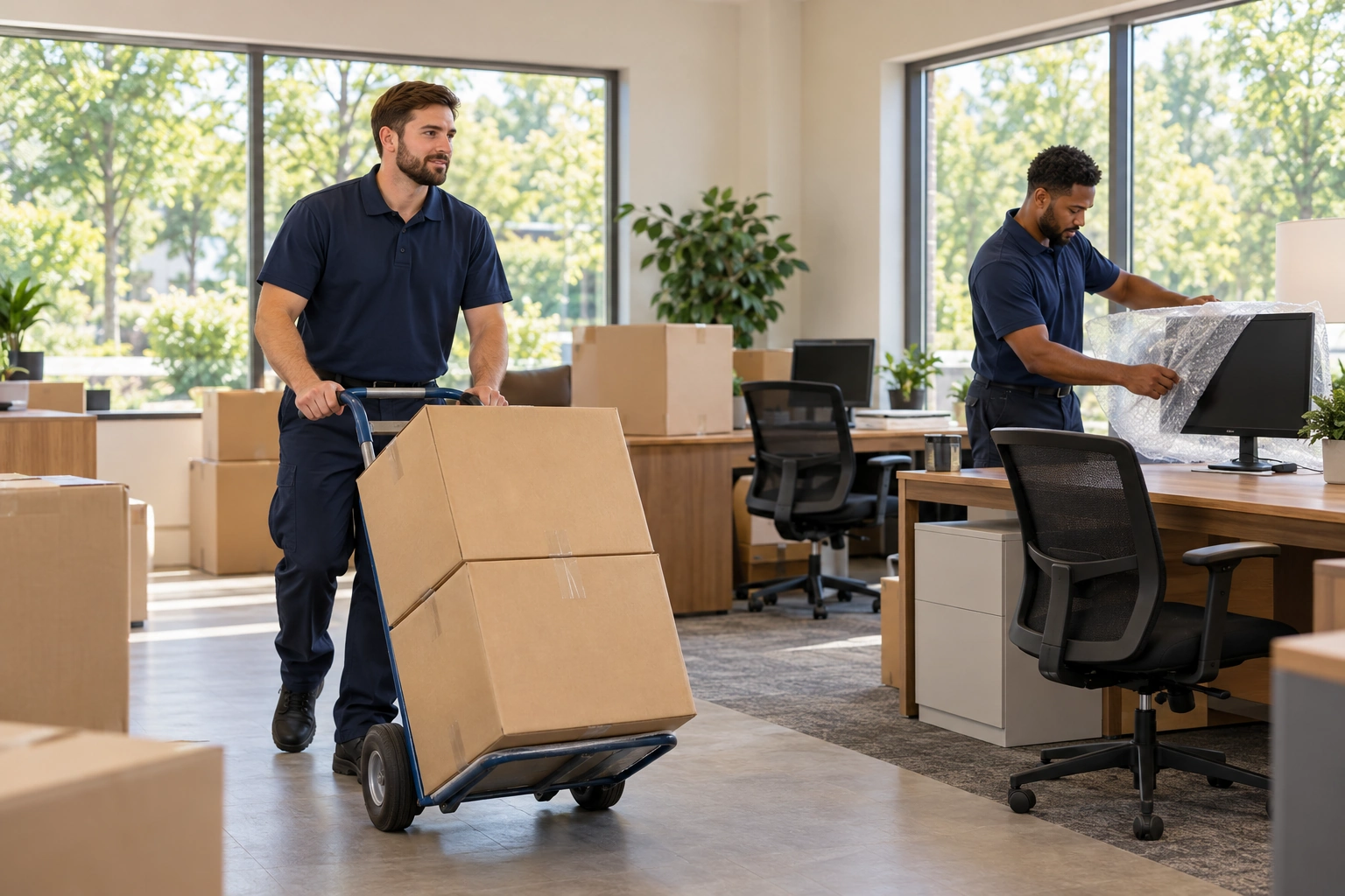 Movers organizing packed desks and office equipment for a business relocation
