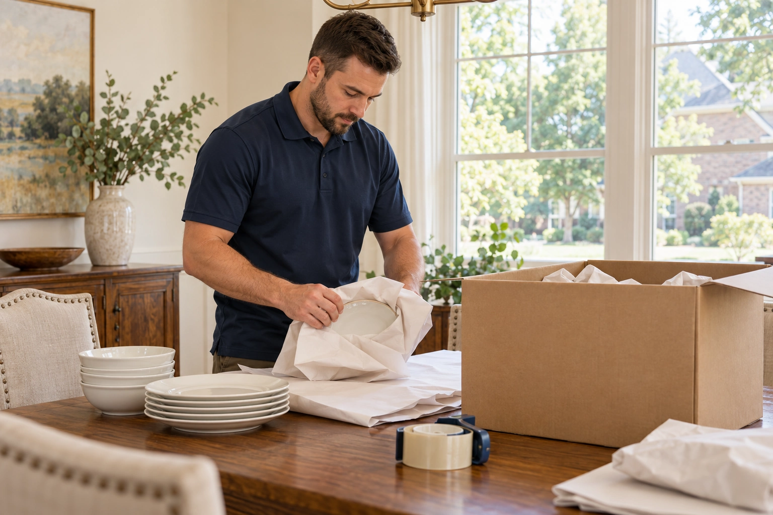 A mover wrapping dishes and packing boxes in a bright Tennessee home