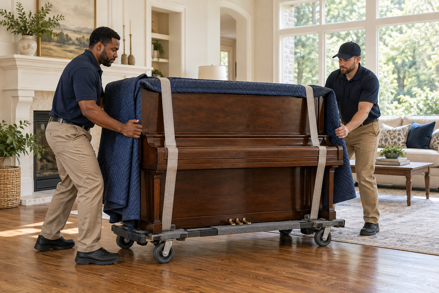 Professional movers carefully securing an upright piano for safe transportation