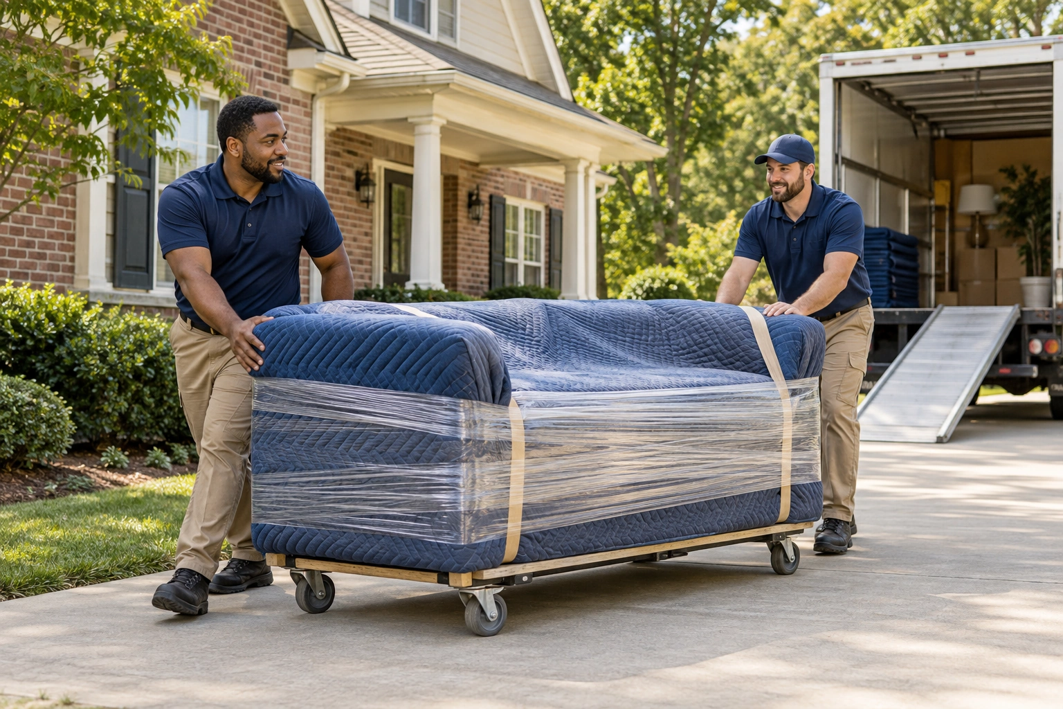 Movers guiding a protected sofa on a furniture cart outside a Middle Tennessee home